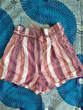 Madewell Striped High-Waist Paperbag Shorts in Pink and Mauve